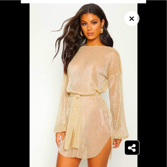 gold plisse balloon sleeve sheer shift dress